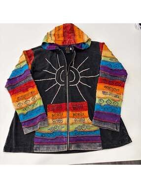 Womens 1XL Bohemian Style Rising International Patchwork Sun Hoodie